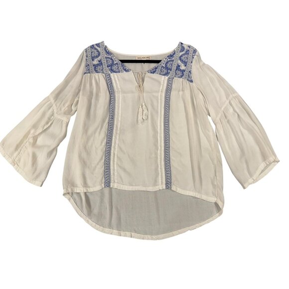 Billabong Tops - Billabong Shirt Womens Medium White Blue Embroidered Boho Peasant Tassel Tunic